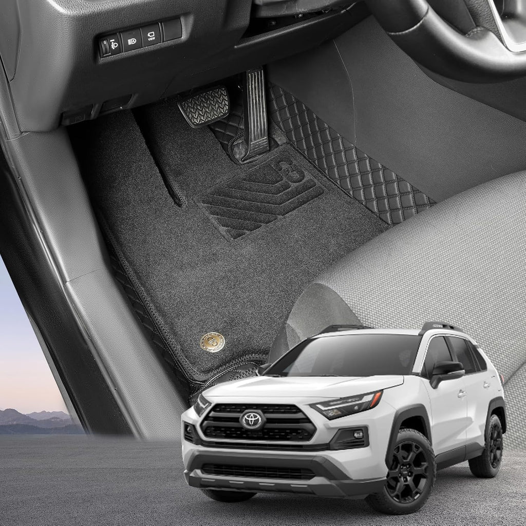 EKR Custom Floor Mats for Toyota RAV4 (Hybrid only) 2019-2025, Front & 2nd Row Luxury Double Layer Car Floor Mat Liner Fit RAV4 2019 2020 2021 2022 2023 2024 2025 - Leatherette Plus Carpet (Black)