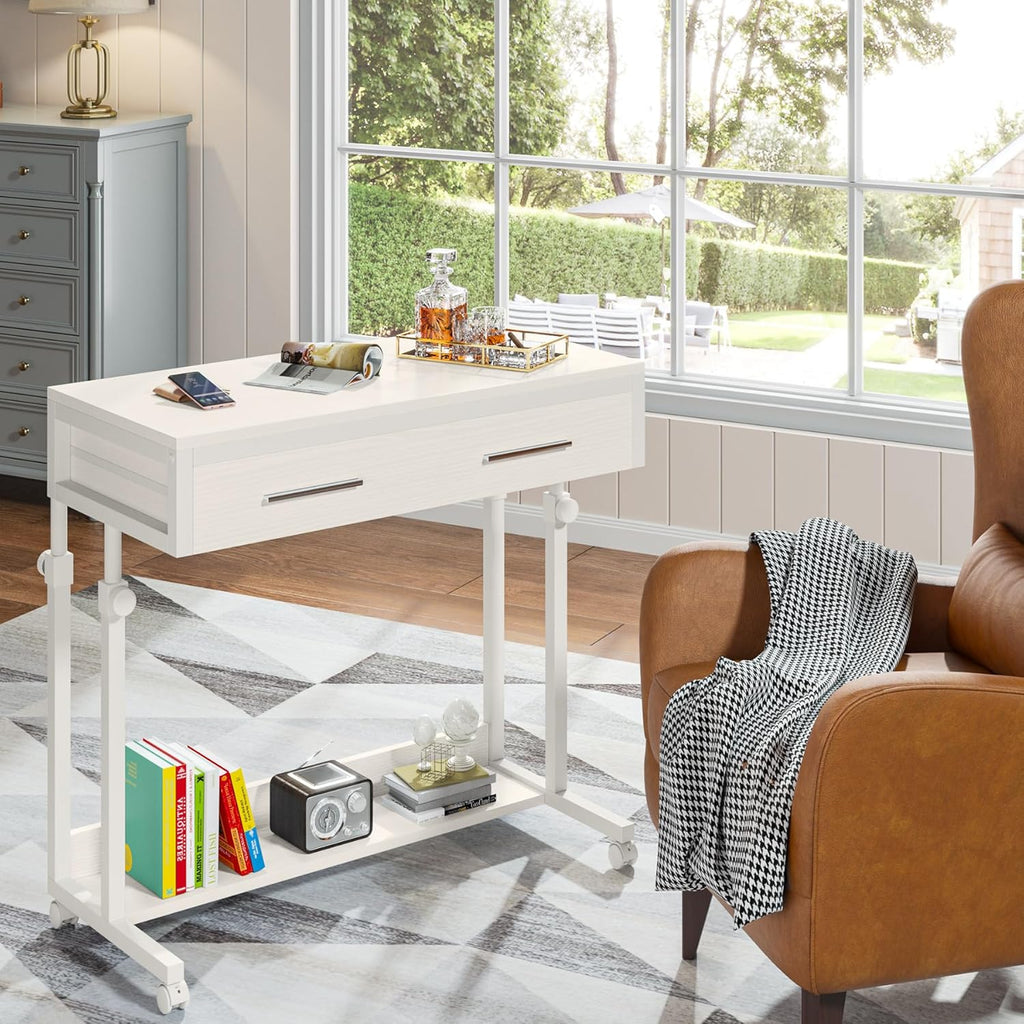 Tribesigns Portable Desk with Drawers, Mobile Laptop Desk with Wheels, Sofa Side Table Bed Desks, Small Standing Desk for Home Office (White)