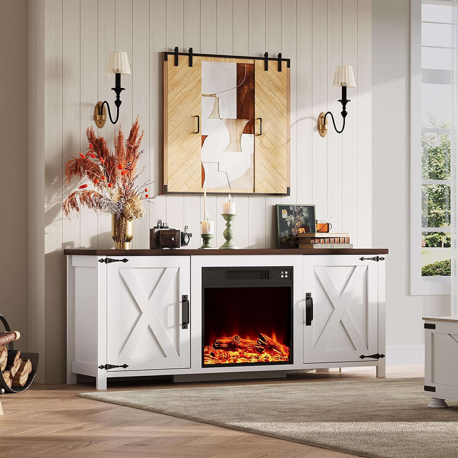 WLIVE Electric Fireplace TV Stand for TVs up to 65', Farmhouse Entertainment Center with X-Shaped Barn Doors & Storage Cabinets, Media TV Console for Living Room, Remote Control, White