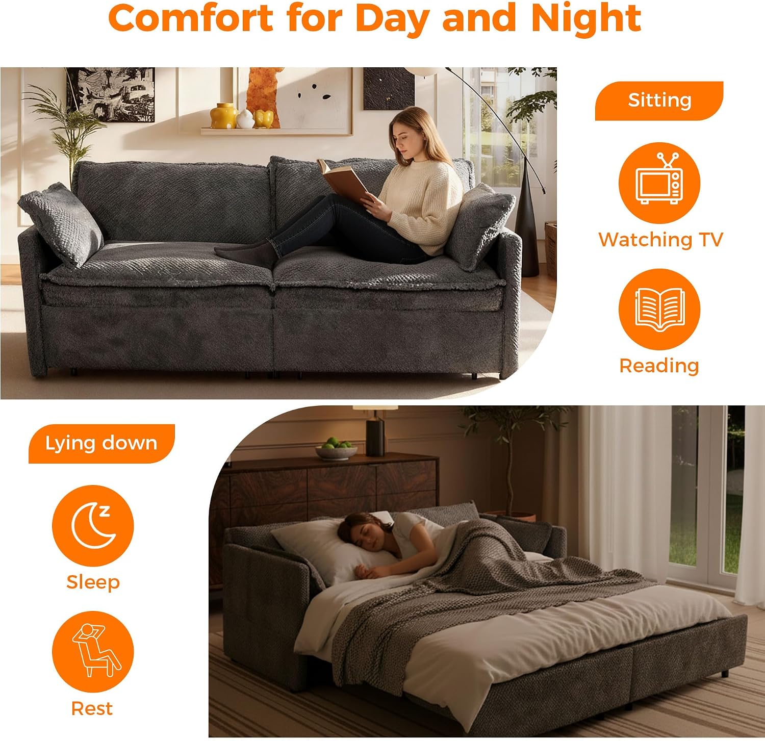 3 in 1 King Size Sofa Bed-73.6' Convertible Sofa Bed with USB/C-Type Charging Ports,Corduroy Sleeper Sofas with Side Pockets,Loveseat Chaise Lounge for Living Room,Bedroom,Apartments,Grey