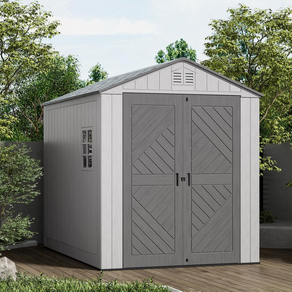 Mrosaa 6x11 FT Storage Shed with Floor,HDPE Resin Outdoor Storage Shed Weather Resistant,Lockable Garden Sheds with Windows for Home/Garden Tools/Backyard/Lawn Mower/Bike Storage(Gray)