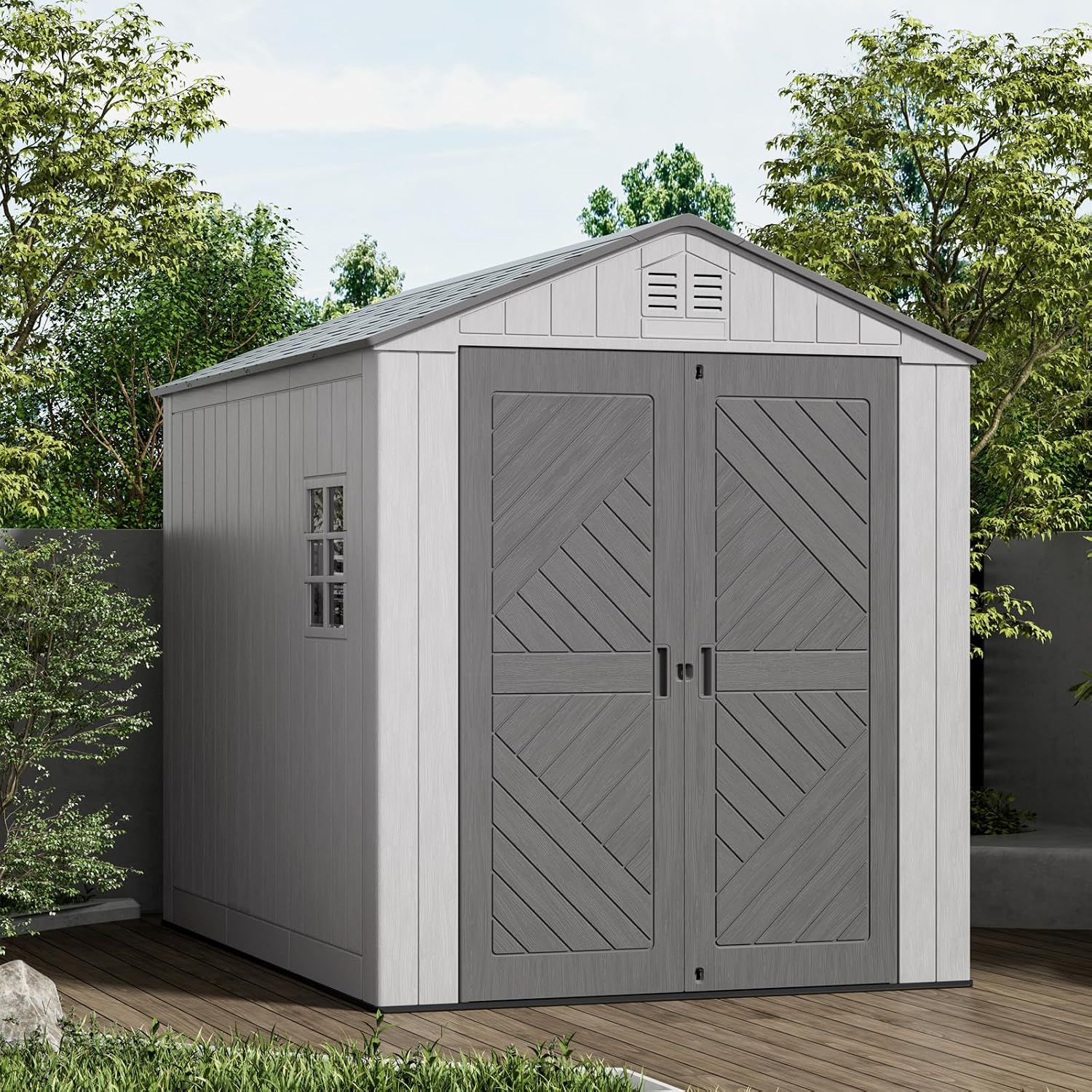 Mrosaa 6x11 FT Storage Shed with Floor,HDPE Resin Outdoor Storage Shed Weather Resistant,Lockable Garden Sheds with Windows for Home/Garden Tools/Backyard/Lawn Mower/Bike Storage(Gray)