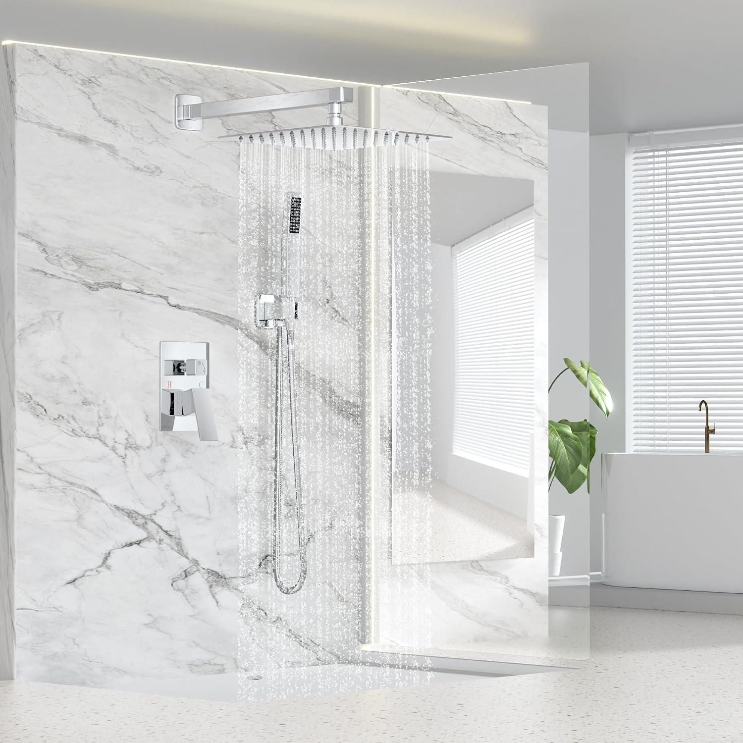 FPXRNG Shower Faucet Set Bathroom Square Rain Shower Head and Handle Set, Wall Mounted Shower Fixtures, Full Metal Trim Repair Kit 12 inch Polished Chrome (With Shower Valve)