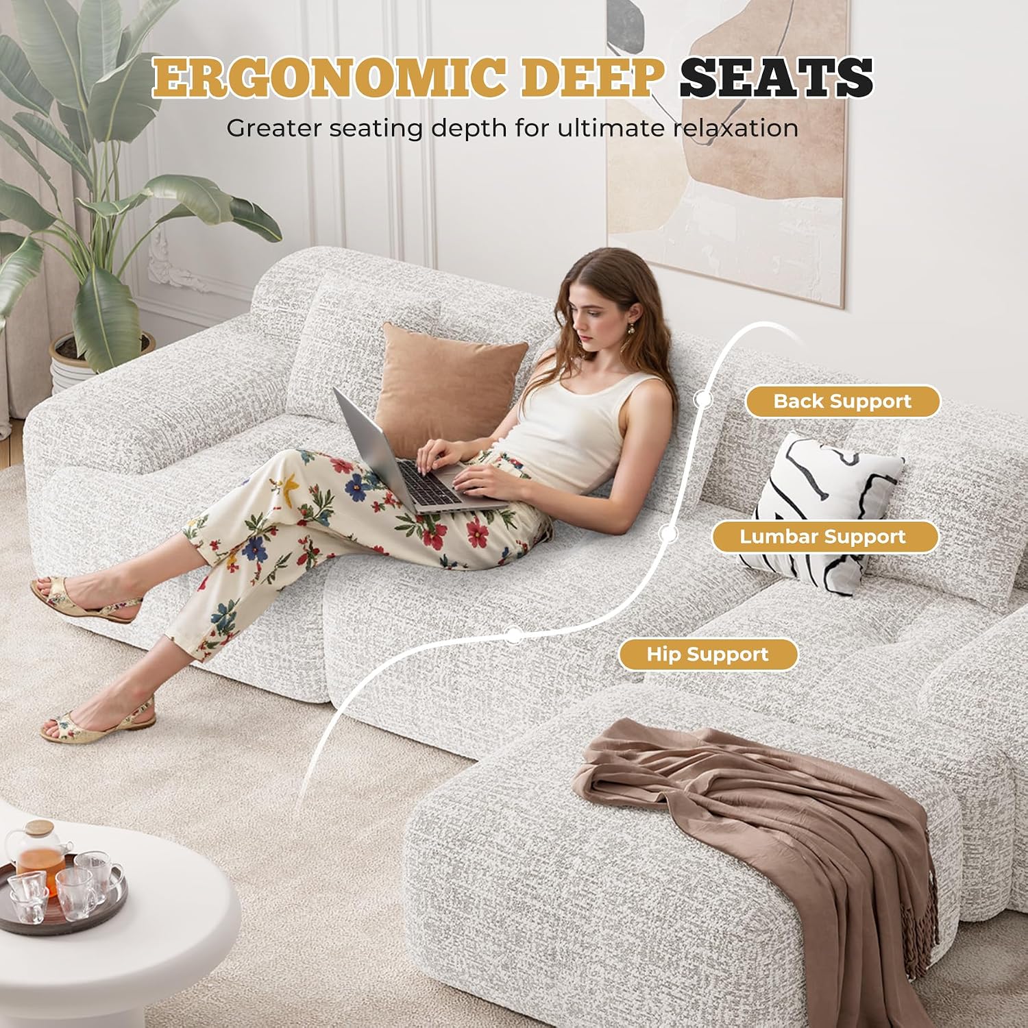 158' U Shaped Boneless Couches for Living Room, 6 Seater Modern Chenille Cloud Couch, Convertible Modular Sectional Sofa Set, No Assembly Required, Beige 1 PCS