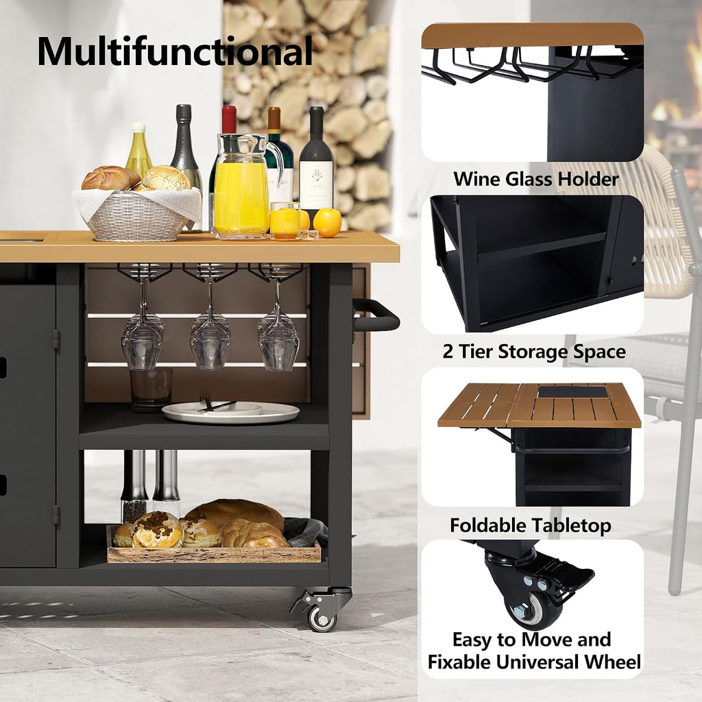 44' Propane Fire Pit, Gas Fire Pits for Outside Patio with Cover, Moveable Outdoor Storage Cabinet with Handle/Wine Guard, BBQ Grill Cart for Patio with Extendable Tabletop for Deck, Black