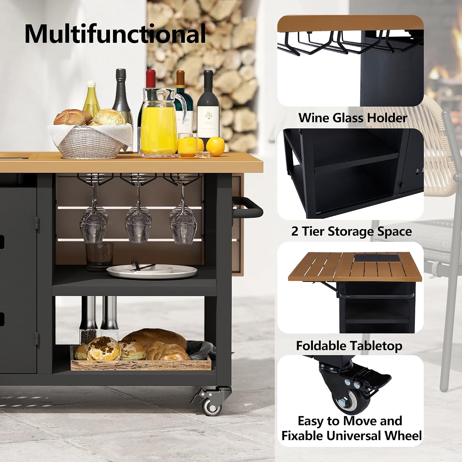 44' Propane Fire Pit, Gas Fire Pits for Outside Patio with Cover, Moveable Outdoor Storage Cabinet with Handle/Wine Guard, BBQ Grill Cart for Patio with Extendable Tabletop for Deck, Black