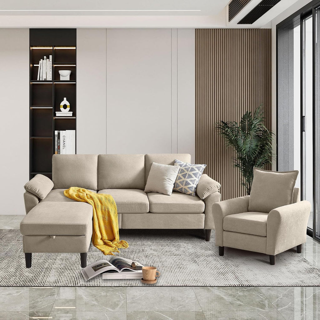 Convertible Sectional Sofa Set, 79' Modern L Shaped Couch, Linen Upholstered 3 Seat Sofa and 35' Accent Chair, Couches for Living Room, Apartment, Beige
