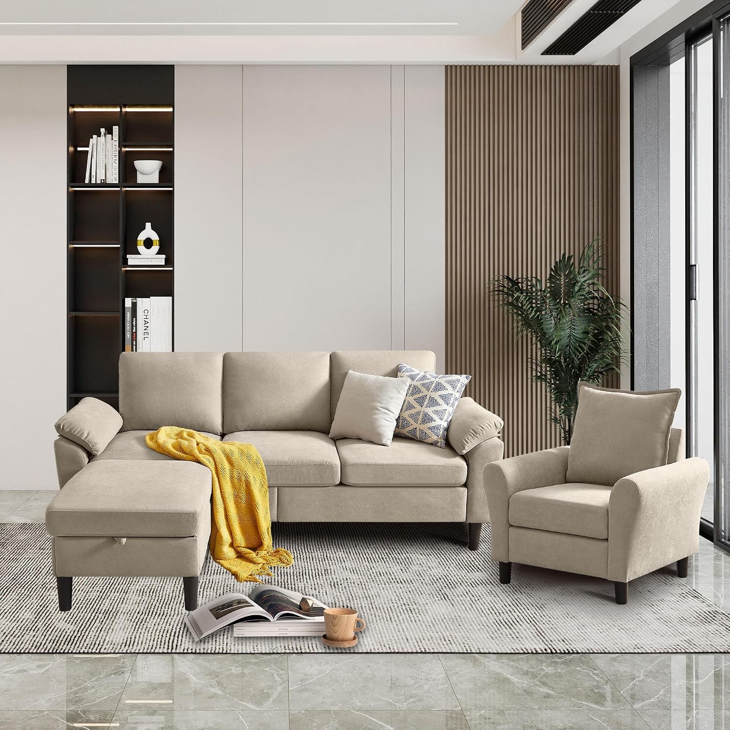 Convertible Sectional Sofa Set, 79' Modern L Shaped Couch, Linen Upholstered 3 Seat Sofa and 35' Accent Chair, Couches for Living Room, Apartment, Beige