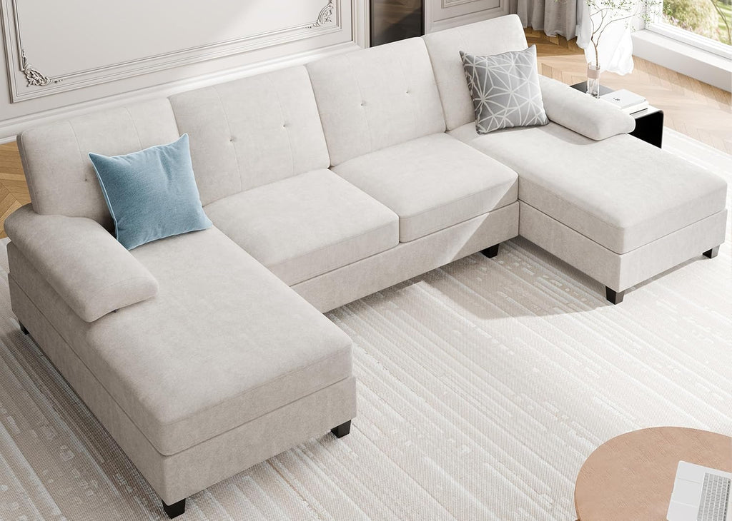106' U Shaped Sectional Sofa for Living Room, 4-Seat Fabric Couch with Double Chaise Longue, Comfortable Large Sectional with 300lbs Capacity per Seat for Apartment & Home, Pure White