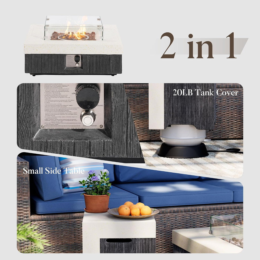 COSIEST 35' Outdoor Propane Fire Pit Table w Tank Cover & Wind Guard, Square Gas Fire Pit Table with Concrete & Wood Grain Design, 50000BTU Fire Tables for Patio, Backyard, Garden