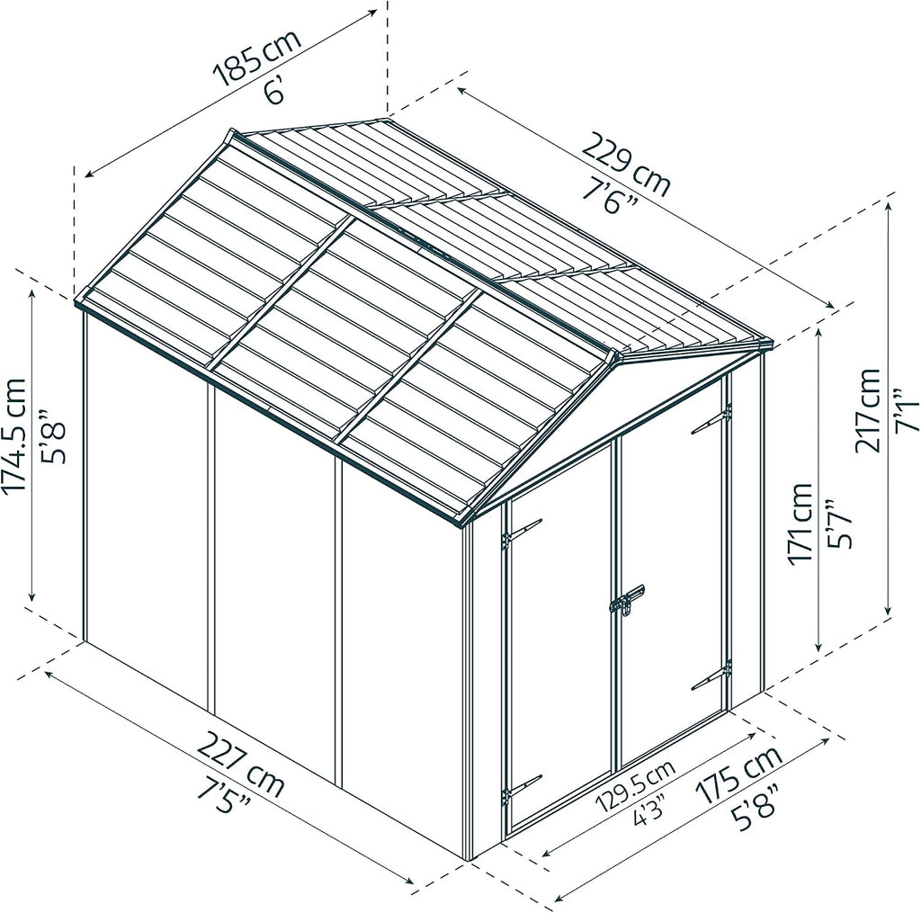 Palram - Canopia Rubicon Storage Shed, 6'x8' DIY Backyard Shed, Gray Polycarbonate Panels and Aluminum Frame, Sheds & Outdoor Storage for Lawn Mower, Bike, Garden Tools, Outdoor Storage Box Shed