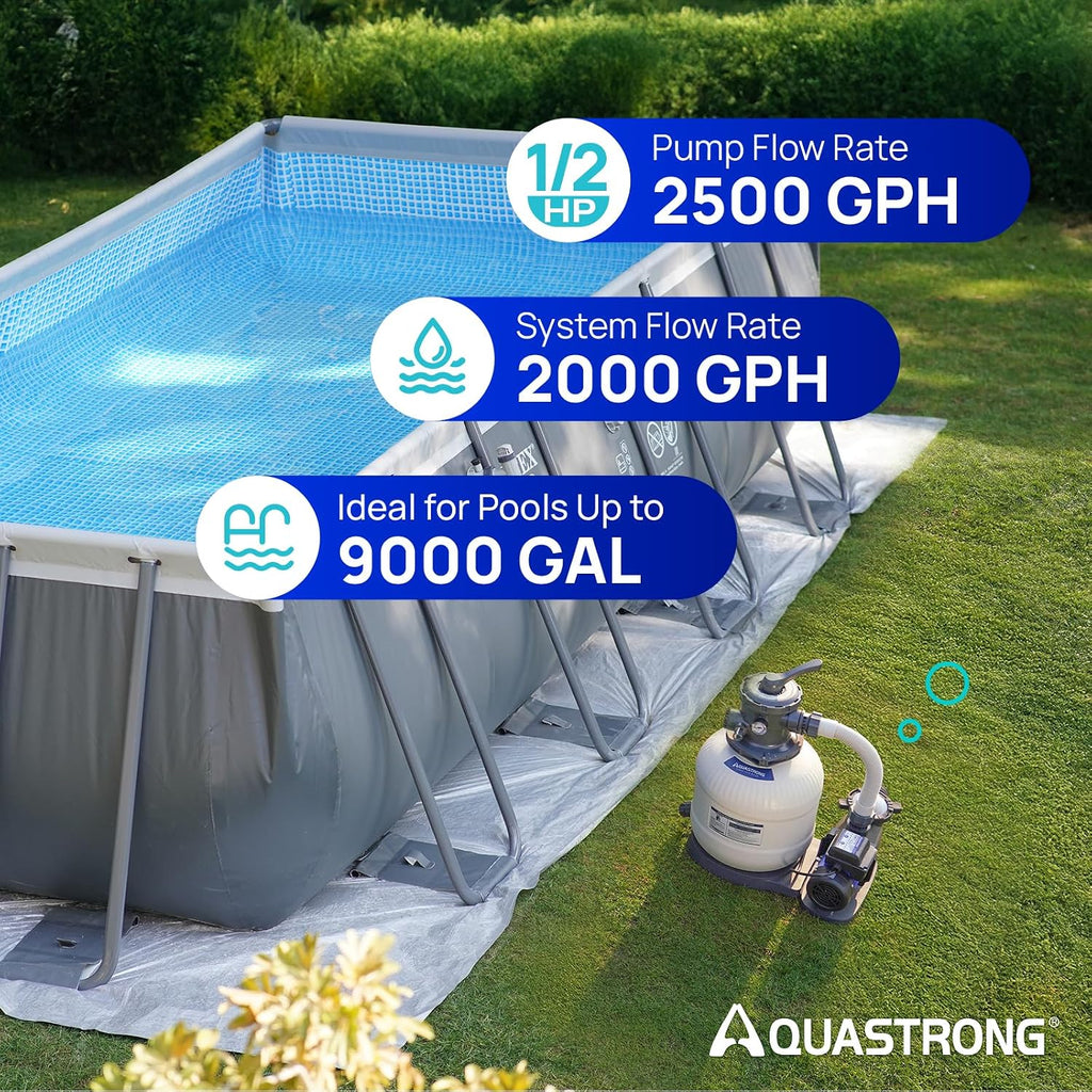 AQUASTRONG Sand Filter Pump for Above Ground Pool, Pool Pumps Above Ground with Timer, Pool Sand Filter with 6-Way Valve,Improved Circulation and Filtration,12in, up to 9000 Gallons