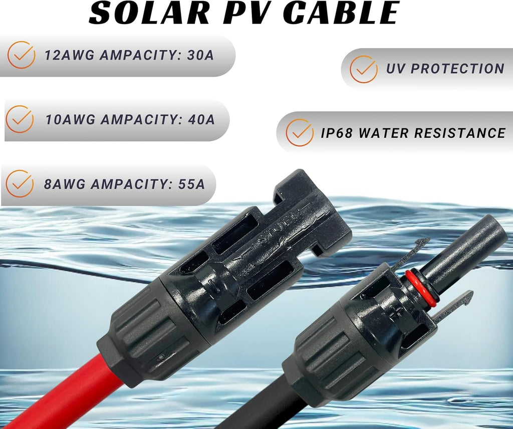 WindyNation 10 Gauge 10 AWG Pair 100 Feet Black +100 Feet Red PV Photovoltaic Solar Panel Extension Cable Wire Solar Connectors