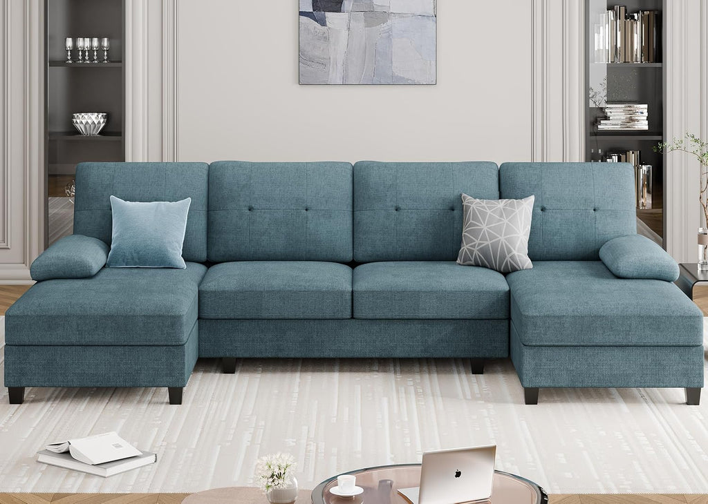 Sectional Couches for Living Room, 106 in U Shaped Couch Soft Sectional Sofa with Double Chaise, Comfortable 4 Seat Sofa Couch (Blue) | Breathable Fabric