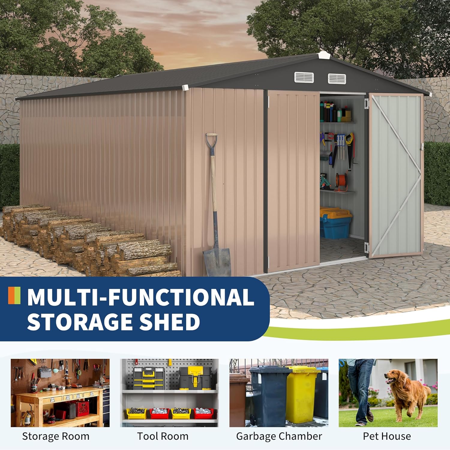 Outdoor Metal Sheds 10x14, Outdoor Storage Shed MetalGarden Tool Shed for Backyard, Metal Utility Sheds Buildings with Air Vent