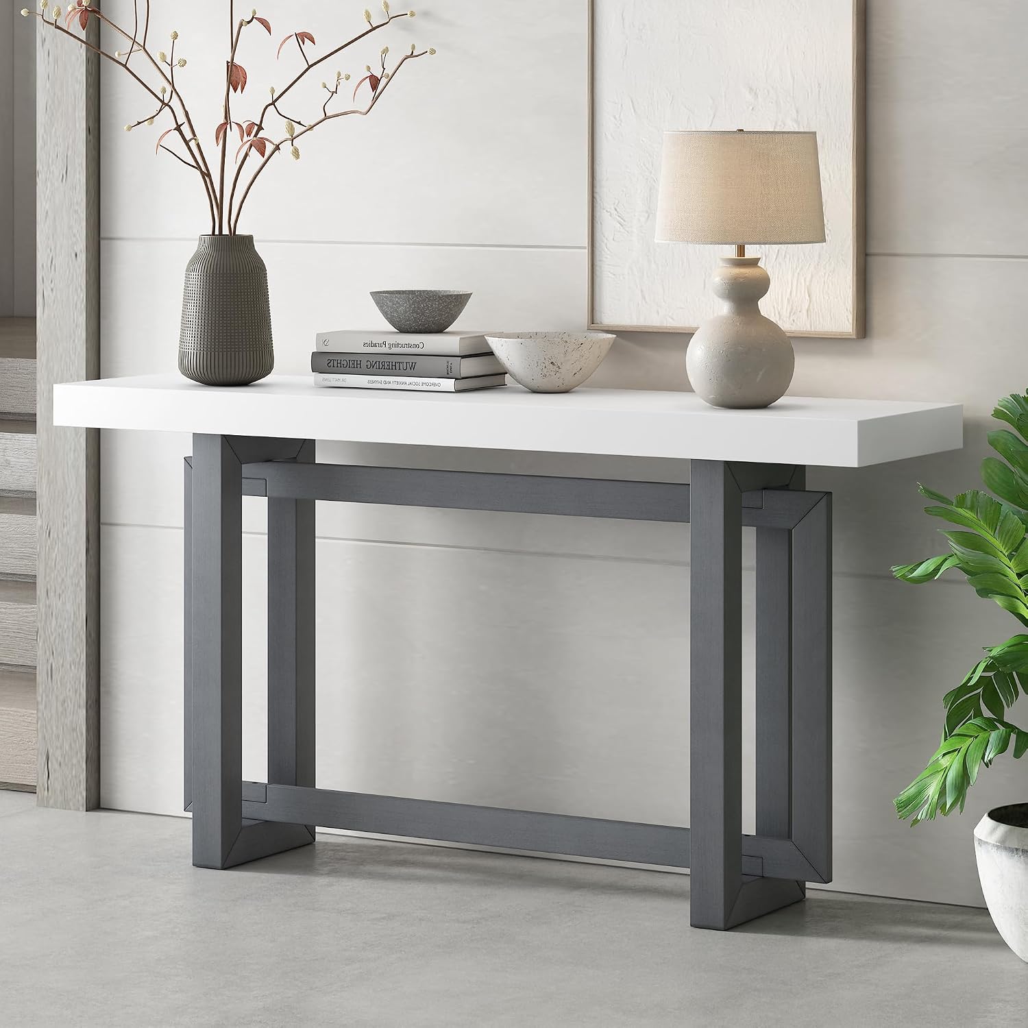 Merax 60 in White Gray Console Table, White Gray Entryway Table with Minimalist Industrial Style for Entry Way, Hallway, Living Room, Foyer