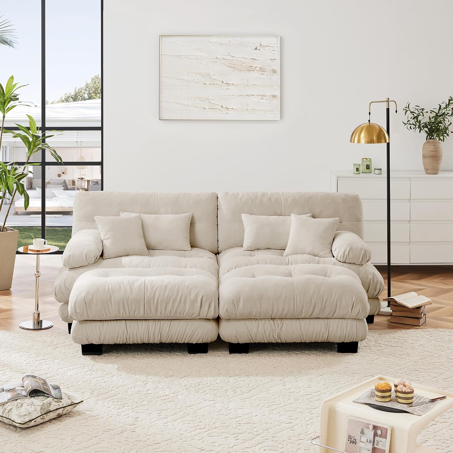 Loveseat Modular Sectional Sofa Cloud Couch, 94.4' Oversized U-Shaped Couch with Ottoman, Modern Deep Seat Sectional Couches for Living Room, Comfy Chenille Sofa Bed with Pillows, Light Coffee