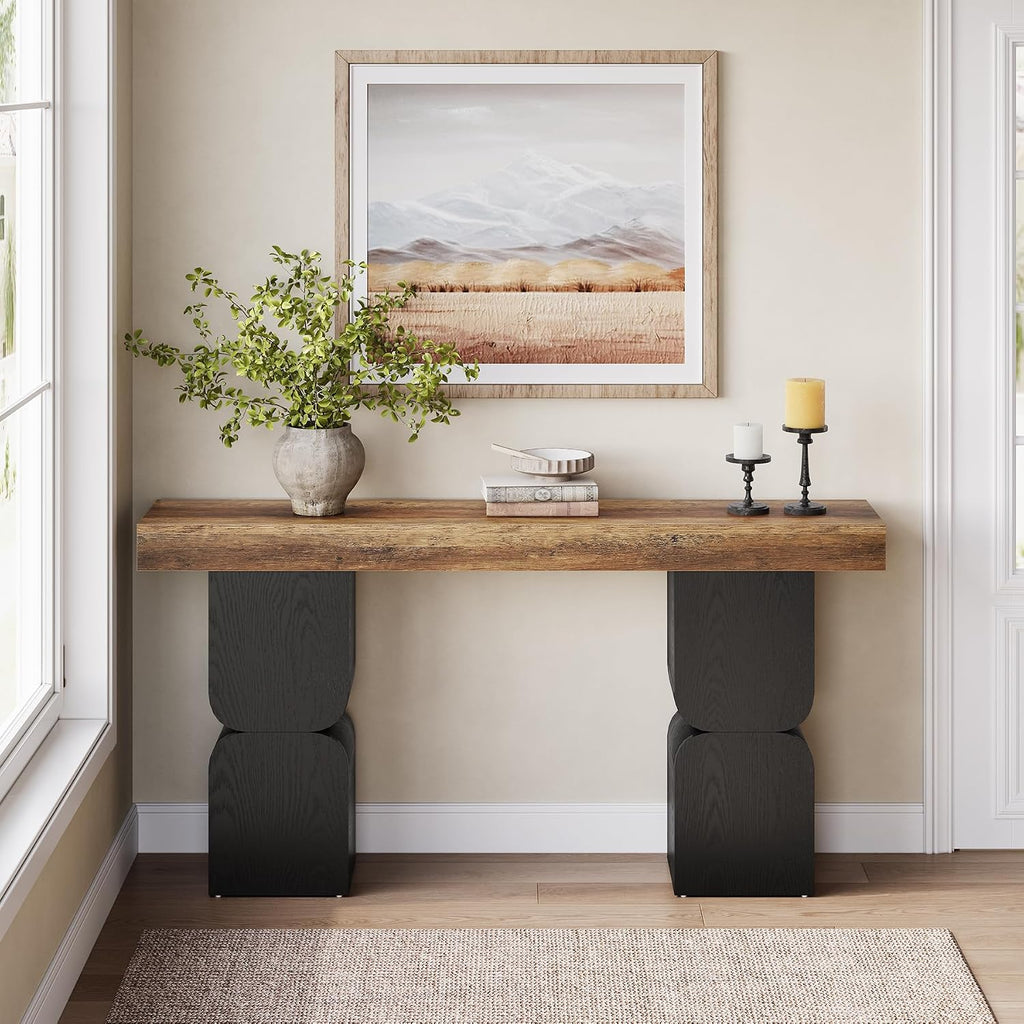 63-Inch Console Table, Heavy-Duty Look, Behind Couch Sofa Table, Color Blocking Design, Bold Structural Presence, Modern Entryway Furniture for Living Room, Hallway, Foyer, Brown + Black