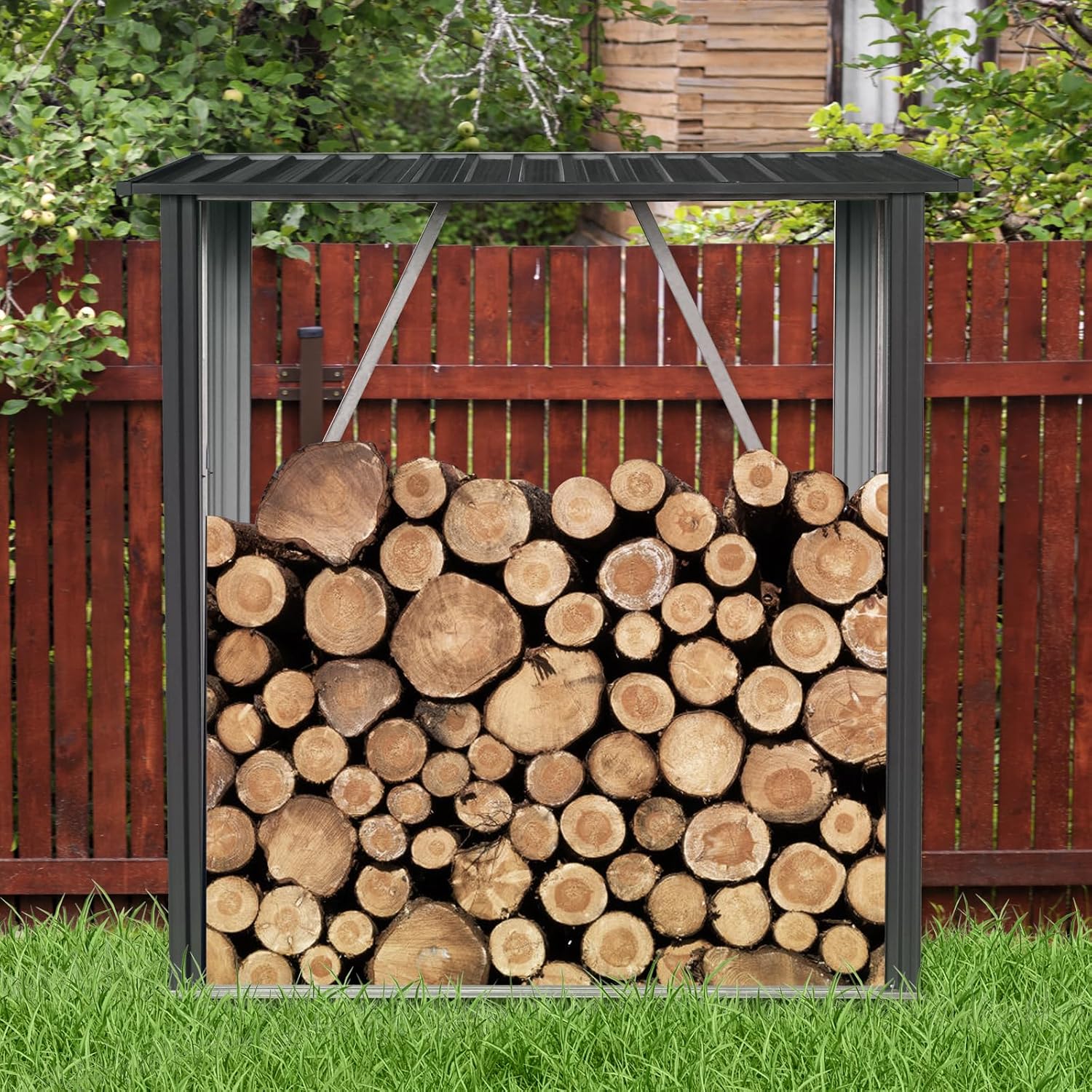 5.4 * 3FT Outdoor Metal Firewood Rack, Sturdy Steel Wood Storage Shelter with Sloped Roof, Open Front Design for Backyard, Patio & Fireplace