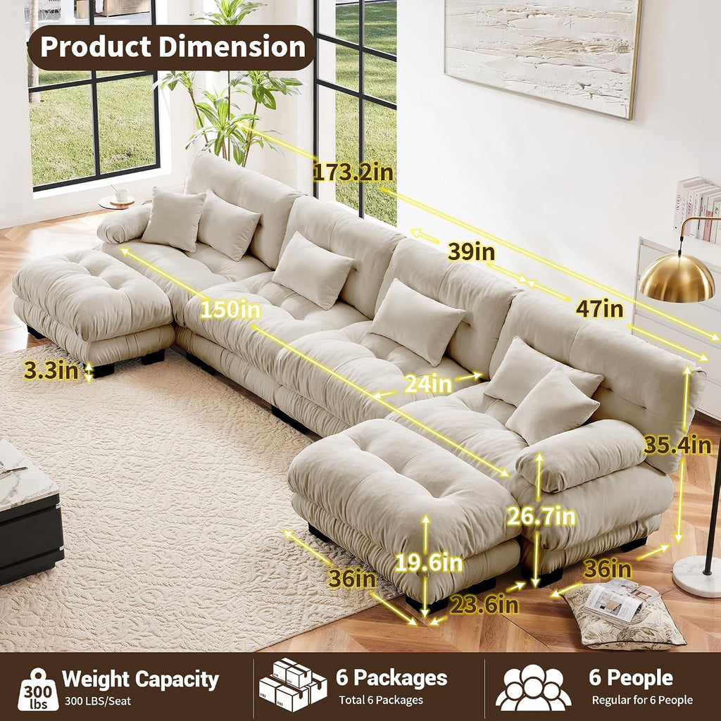 Modular Sectional Sofa, Comfy Cloud Couch 4 Seater Couch with Ottoman, Sectional Couches for Living Room, Modern Chenille U Shaped Couches, Sleeper Deep Seat Sofa with 6 Pillows, Light Coffee
