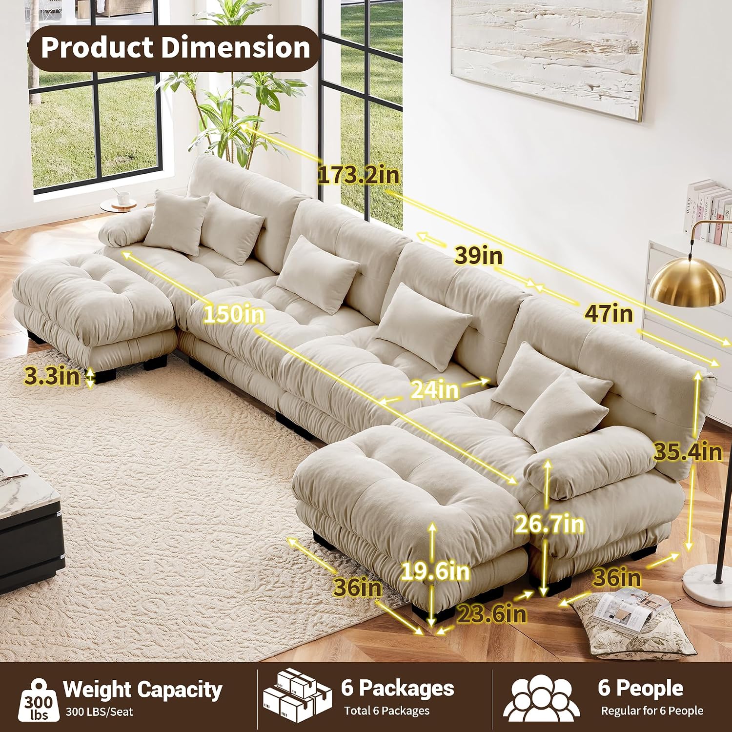 Modular Sectional Sofa, Comfy Cloud Couch 4 Seater Couch with Ottoman, Sectional Couches for Living Room, Modern Chenille U Shaped Couches, Sleeper Deep Seat Sofa with 6 Pillows, Light Coffee