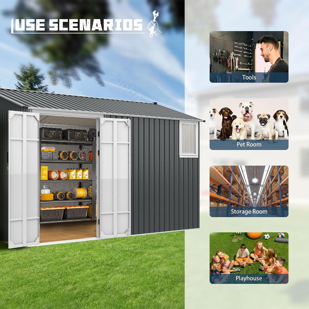 8x12 Ft Metal Outdoor Tool Storage Shed with Window, Floor Base & Air Vents, Gray