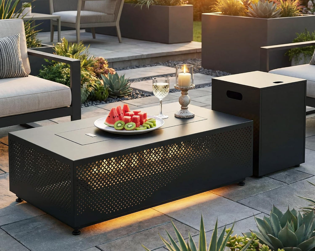 RADIATA 42' Rectangle Propane/Natural Gas Firepit for Patio, 50000BTU Outdoor Lowprofile Fireplace with Tank Table & LED Lights, Rain Cover, CSA Certified, Backyard Fire Pit for Porch Deck, Dark Gray