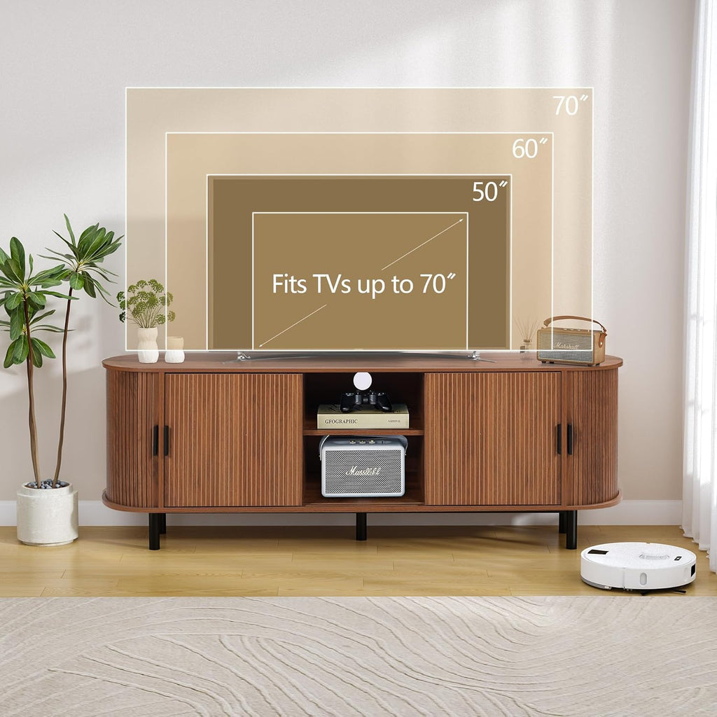 Janmer Home 63' Fluted TV Stand for 65/70 Inch, Mid Century Modern Console With Sliding Doors, Curved Gaming Entertainment Center, Media Console for Living Room, Bedroom (Walnut, 63inch-4doors)