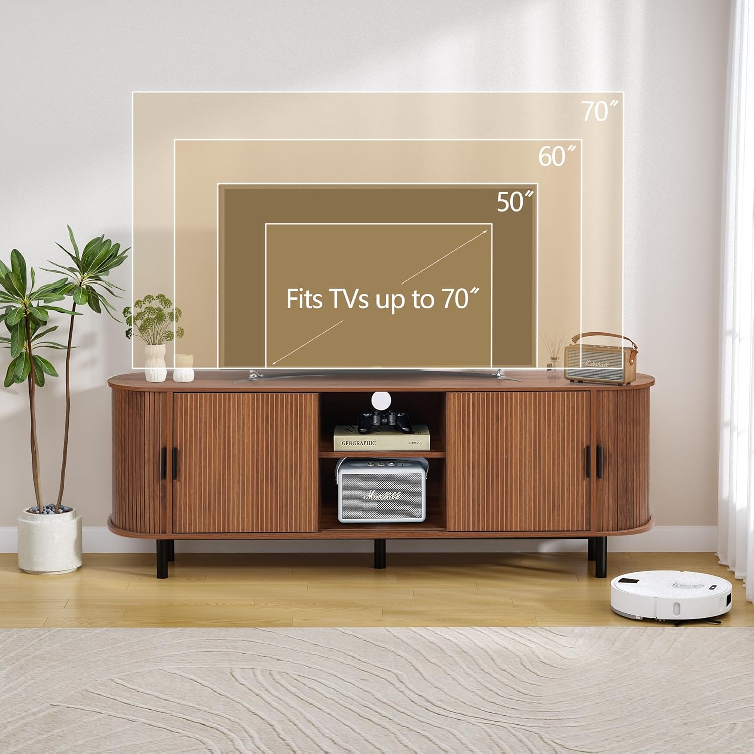 Janmer Home 63' Fluted TV Stand for 65/70 Inch, Mid Century Modern Console With Sliding Doors, Curved Gaming Entertainment Center, Media Console for Living Room, Bedroom (Walnut, 63inch-4doors)