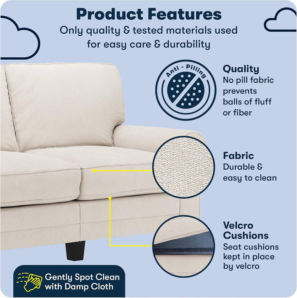 Serta Copenhagen 61' Rolled Arm Sofa, Easy Care Polyester, Soft Pillow Back, Pocket Coil Seat Cushions, Removable Covers, Loveseat or Couch for Small Spaces, Living Rooms or Bedrooms, Cream White