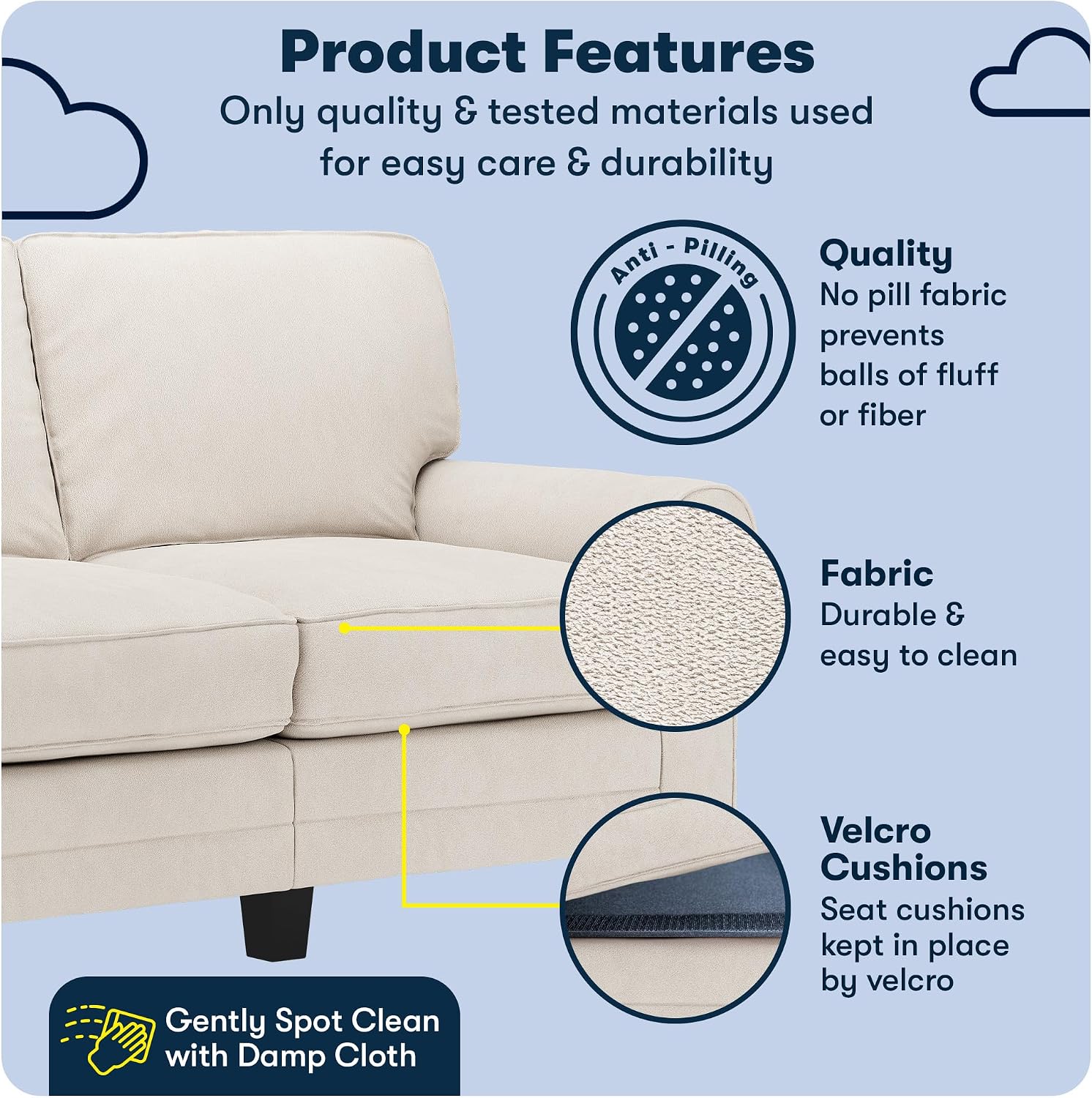 Serta Copenhagen 61' Rolled Arm Sofa, Easy Care Polyester, Soft Pillow Back, Pocket Coil Seat Cushions, Removable Covers, Loveseat or Couch for Small Spaces, Living Rooms or Bedrooms, Cream White