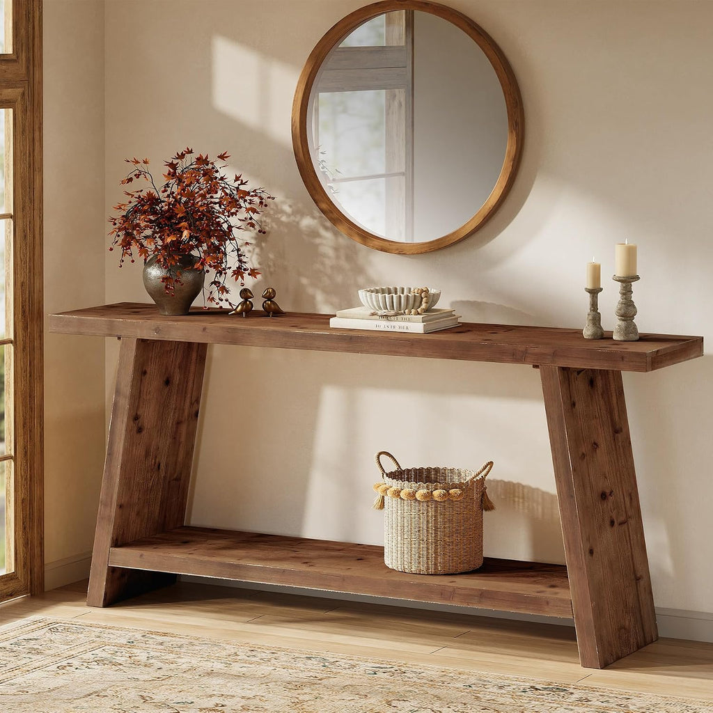 70.9'' Solid Wood Console Table, Narrow Long Sofa Table Behind Couch with 2-Tier Storage, Farmhouse Entryway Table for Living Room, Hallway, Foyer, Brown