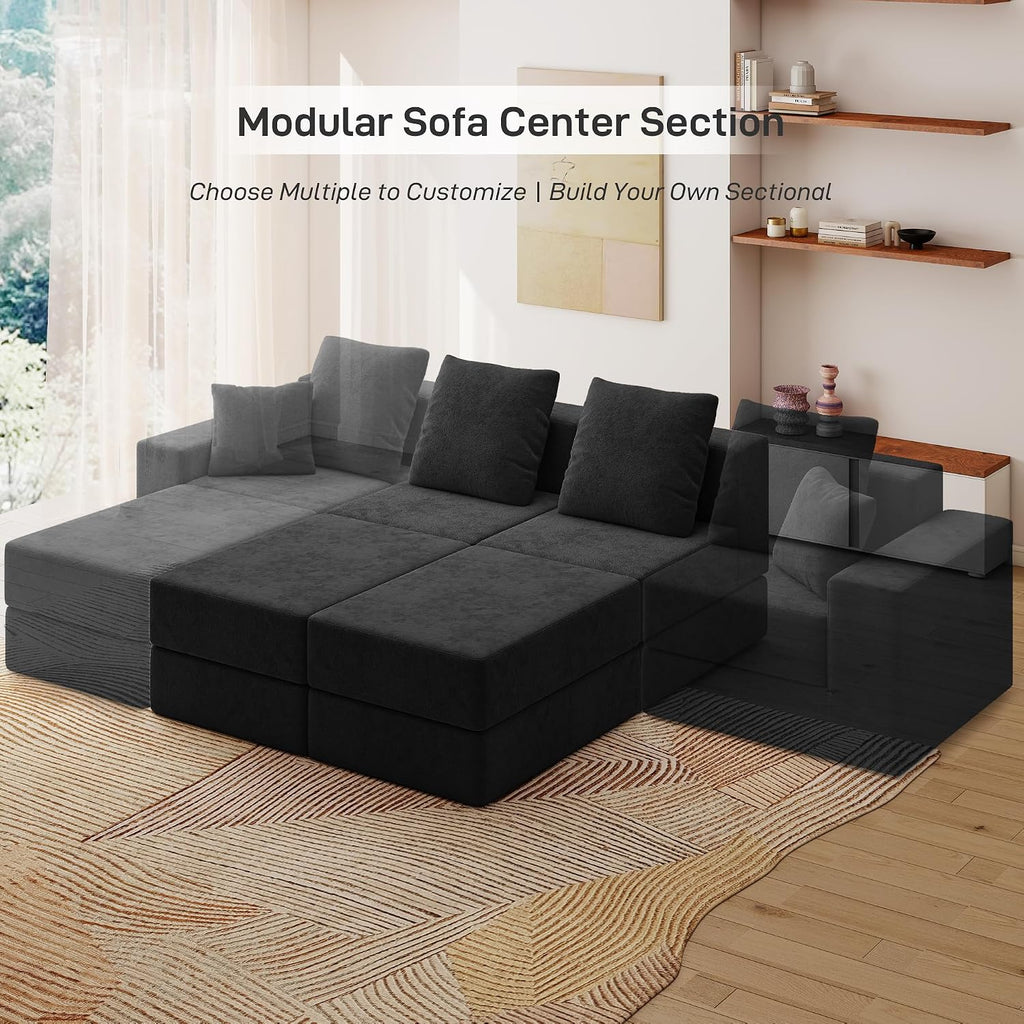 Living&Giving Cloud Sectional Couch for Living Room, Modular Boneless Couch with 1 Ottoman, Middle-seat Can Be Combined with Modular Sofa, Customizable Layout for Any Space, Black