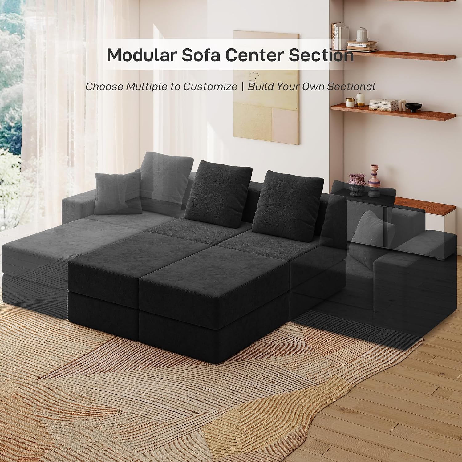 Living&Giving Cloud Sectional Couch for Living Room, Modular Boneless Couch with 1 Ottoman, Middle-seat Can Be Combined with Modular Sofa, Customizable Layout for Any Space, Black