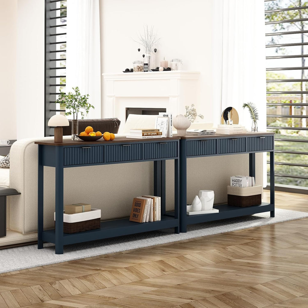 RUSTOWN Fluted Wood Console Table with 3 Drawers, 47.2' Modern Farmhouse Sofa Table & Entryway Table with Open Storage Shelf, Narrow Hallway Table for Living Room, Foyer and Hallway (Navy Blue)