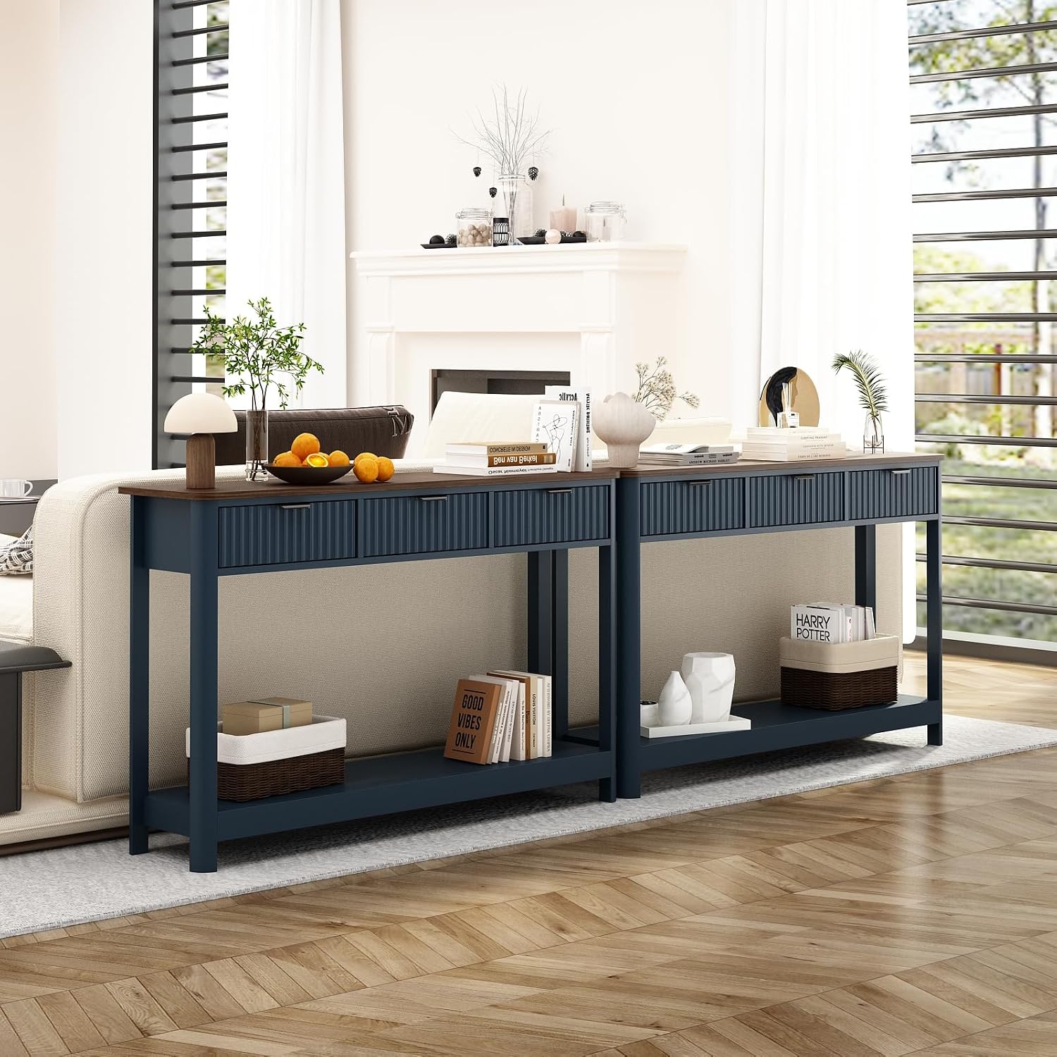 RUSTOWN Fluted Wood Console Table with 3 Drawers, 47.2' Modern Farmhouse Sofa Table & Entryway Table with Open Storage Shelf, Narrow Hallway Table for Living Room, Foyer and Hallway (Navy Blue)