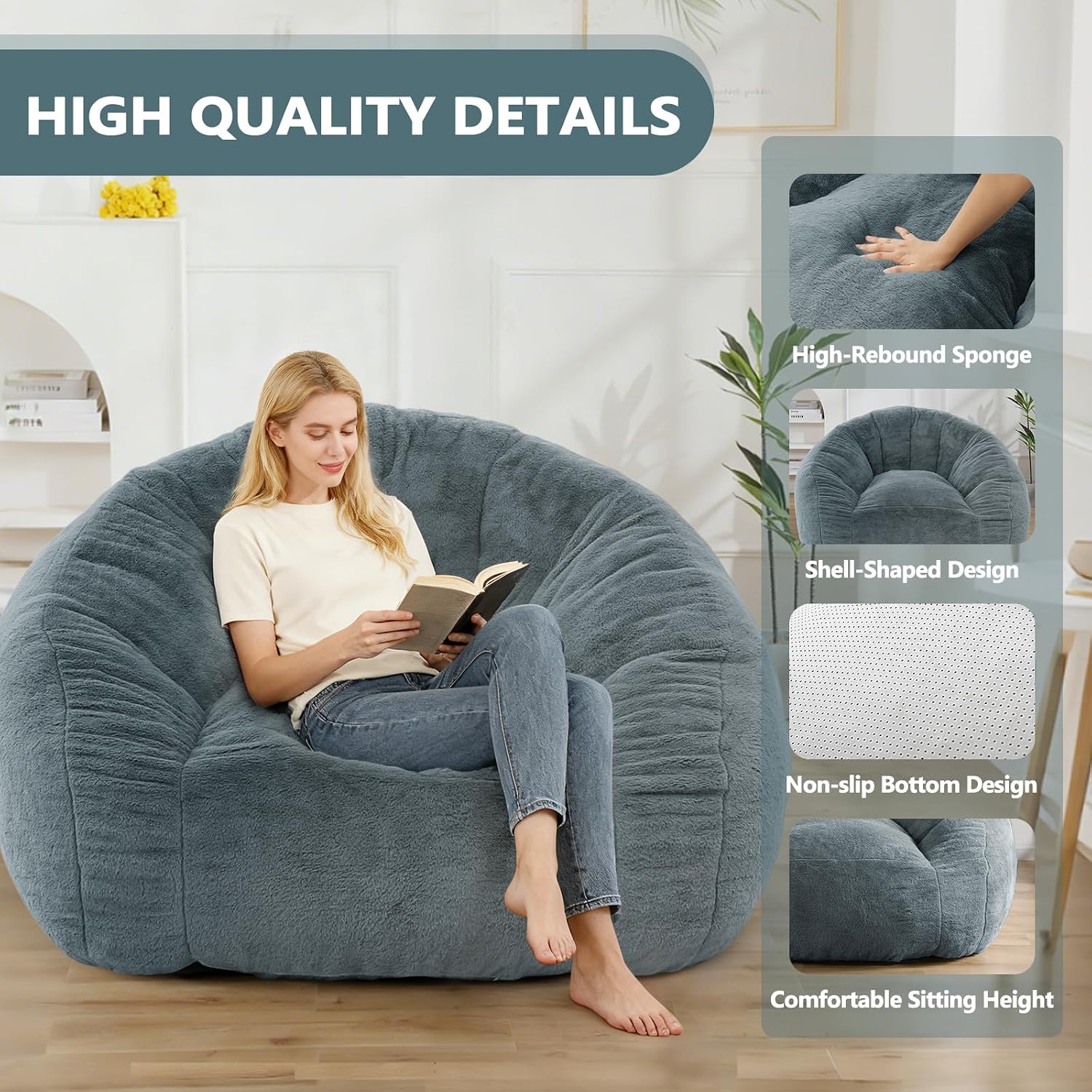 Bean Bag Chair for Adults, Soft Faux Fur Giant Beanbag Chairs, Oversized Cozy Bean Bag Couch Large Reading Chair, Comfy Bean Bag Sofa for Living Room, Bedroom & Dorm, Blue Grey
