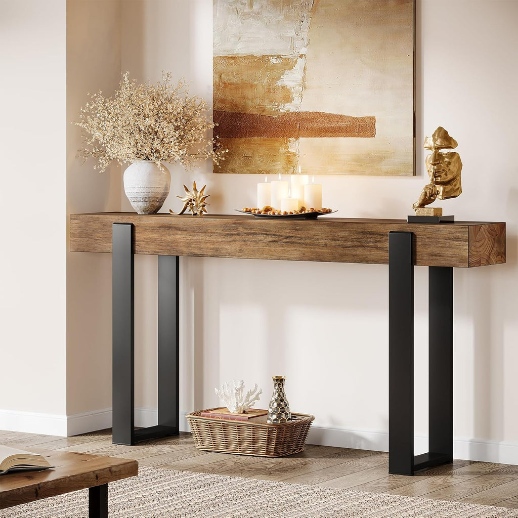 Tribesigns 63-Inch Long Console Table, Solid Wood Sofa Table Behind The Couch with Metal Support, Farmhouse Entryway Furniture for Entrance, Hallway, Living Room, Rustic Brown & Black