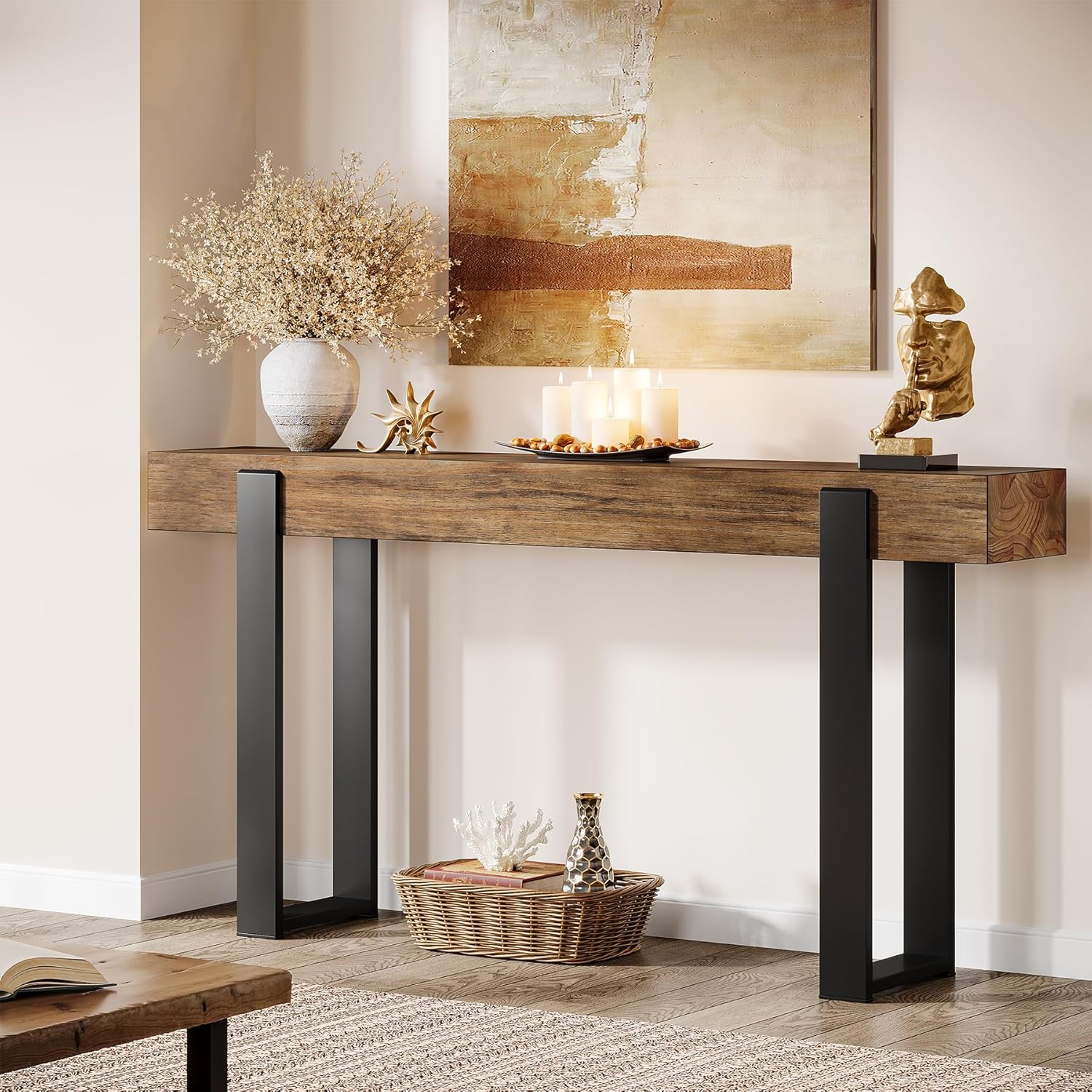 Tribesigns 63-Inch Long Console Table, Solid Wood Sofa Table Behind The Couch with Metal Support, Farmhouse Entryway Furniture for Entrance, Hallway, Living Room, Rustic Brown & Black