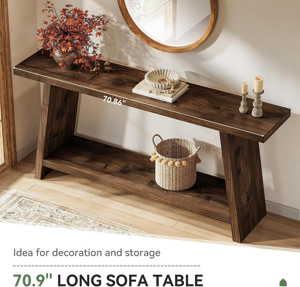 70.9'' Solid Wood Console Table, Narrow Long Sofa Table Behind Couch with 2-Tier Storage, Farmhouse Entryway Table for Living Room, Hallway, Foyer, Espresso Brown