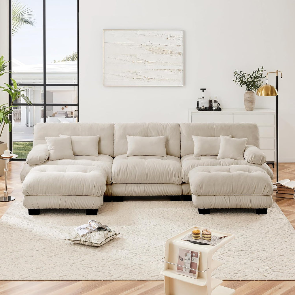 U Shaped Sectional Couches for Living Room, 133.8' Modular Sectional Sofa Cloud Couch with Ottoman, 3-Seater Modern Couch with Round Armrests 5 Pillows, Deep Seat Comfy Chenille Oversized Sofa