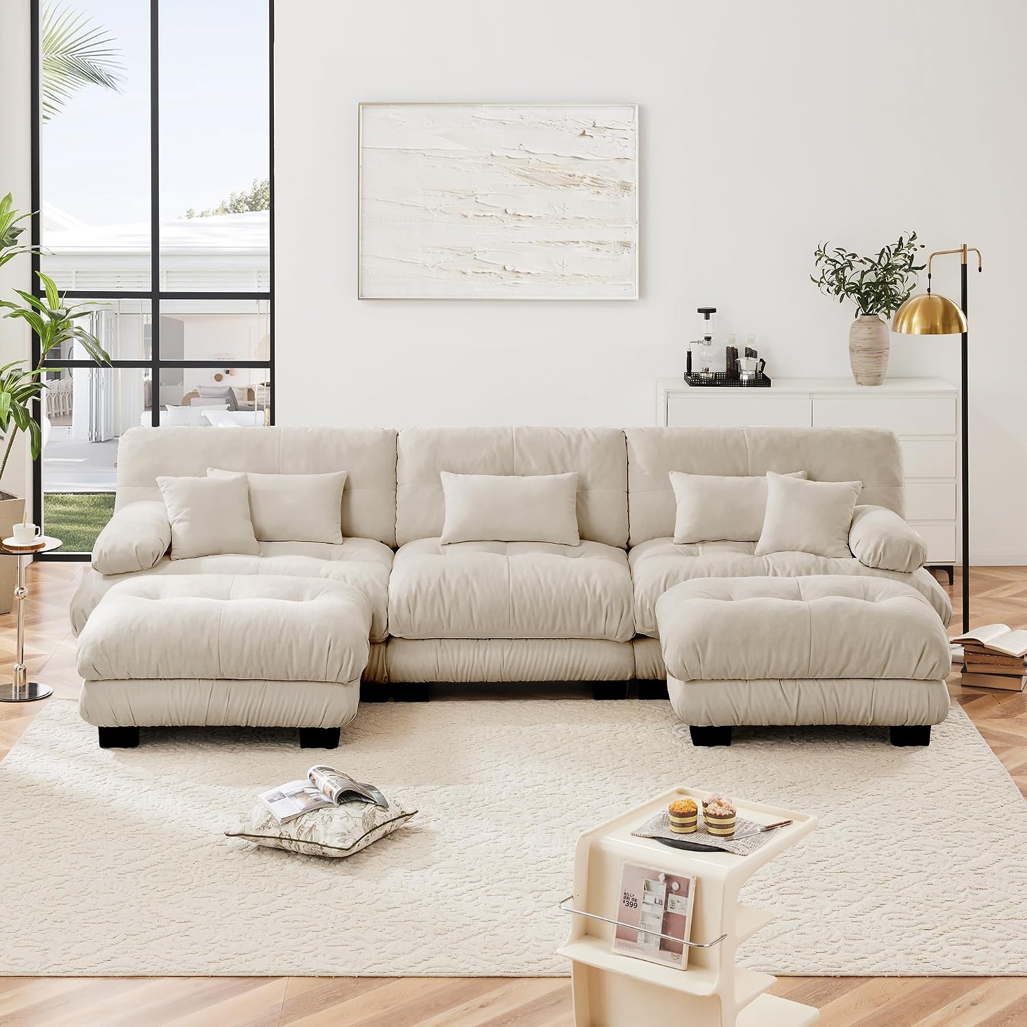U Shaped Sectional Couches for Living Room, 133.8' Modular Sectional Sofa Cloud Couch with Ottoman, 3-Seater Modern Couch with Round Armrests 5 Pillows, Deep Seat Comfy Chenille Oversized Sofa