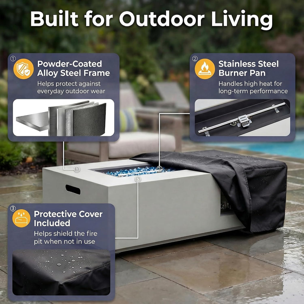 BULEXYARD 42'' Rectangle Propane Fire Pit Table, Low-Profile Outdoor Fireplace with Tank Table & Rain Cover, 50,000 BTU CSA Certified, Modern Patio Fire Table for Backyard, Porch & Deck, Light Grey