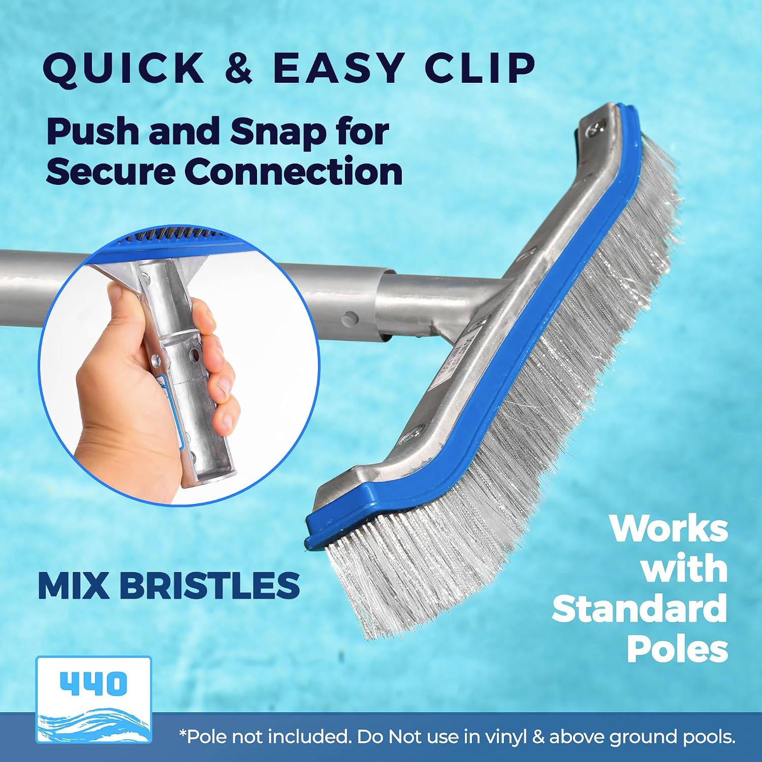 440 Combo Nylon and Stainless Steel Pool Brush - 18-Inch Heavy Duty Head for Cleaning Inground Pool Tiles, Walls, Floor and Steps - Scrub Brush Replacement Head, Strong Bristles - No Pole - Pack of 12