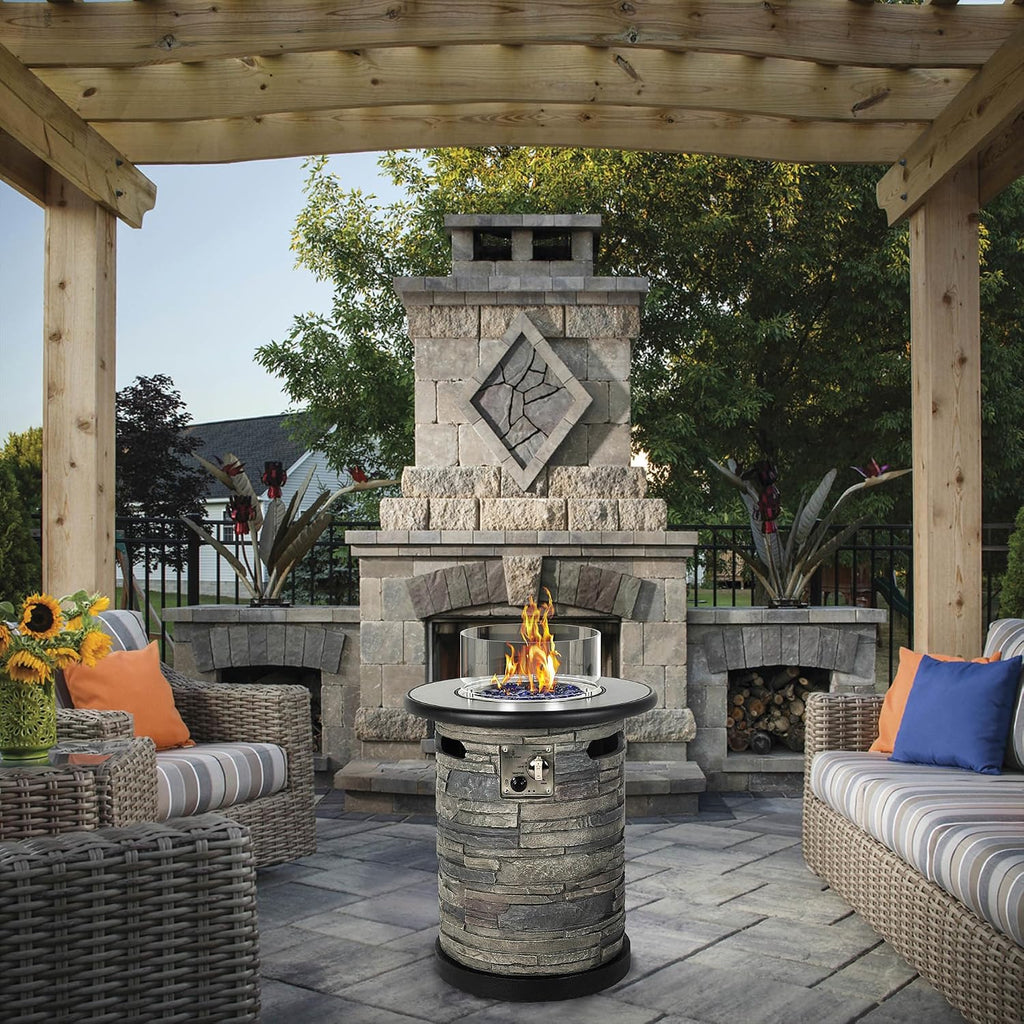 BAIDE HOME Outdoor Propane Fire Pit Table, Round Porcelain Tile Top 22' Fire Bowl Column W/ 40,000 BTU Firepit Table Auto-Ignition 400D Cover Glass Rocks for Outside Patio