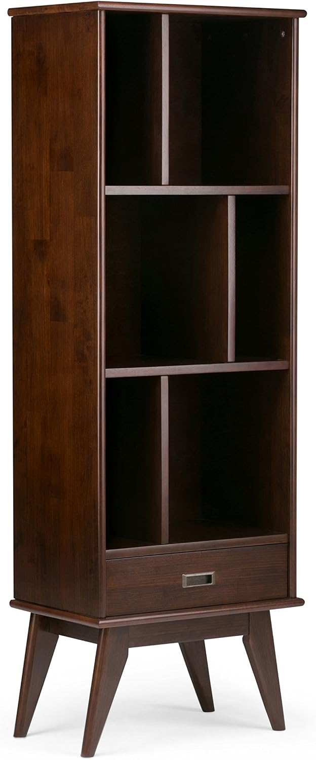 SIMPLIHOME Draper Bookcase - 64 inch Tall Solid Wood Storage Bookshelf in Medium Auburn Brown, Mid-Century Modern Storage for Living Room, Study or Office with Adjustable Shelves and Angled Legs