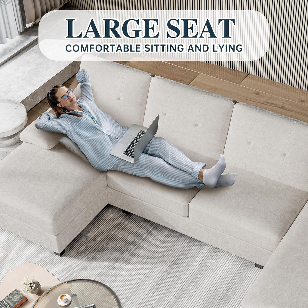 106' U Shaped Sectional Sofa for Living Room, 4-Seat Fabric Couch with Double Chaise Longue, Comfortable Large Sectional with 300lbs Capacity per Seat for Apartment & Home, Pure White