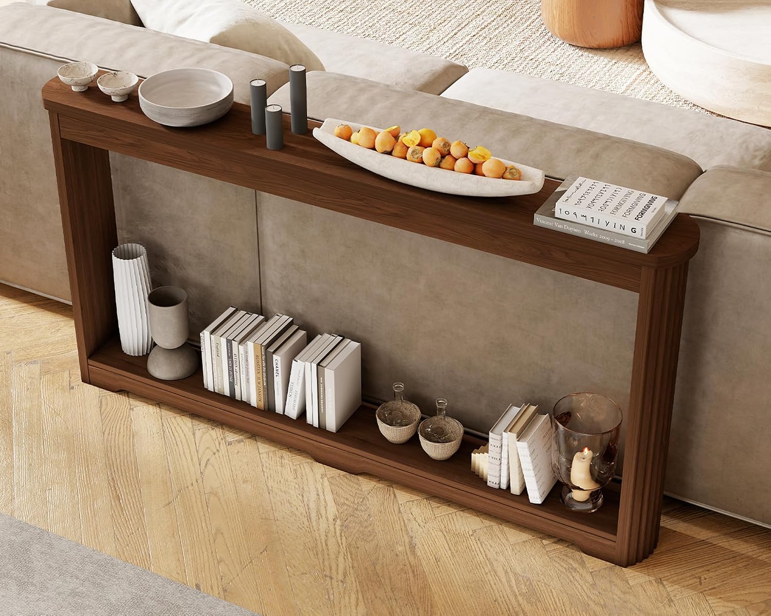 Rovibek Modern 70 Inch Entryway Table Narrow - Behind Sofa Table Narrow, 8 Inch Deep Console Table Behind Couch with Open Storage, Walnut Entryway Table for Hallway, Foyer, Living Room