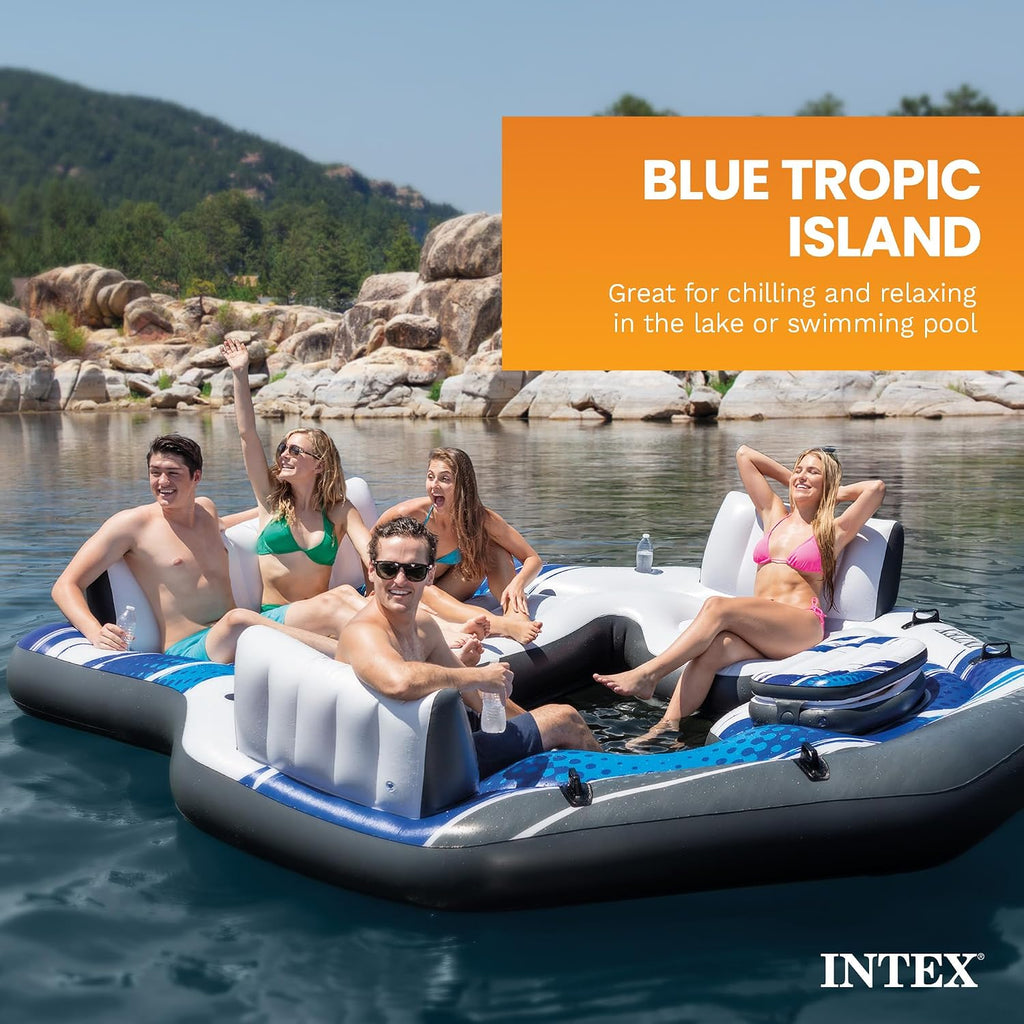 Intex Blue Tropic Inflatable 5 Person Raft or Swimming Pool Island Water Floating Lounger Raft with Backrests, Built in Cooler, and 4 Cupholders