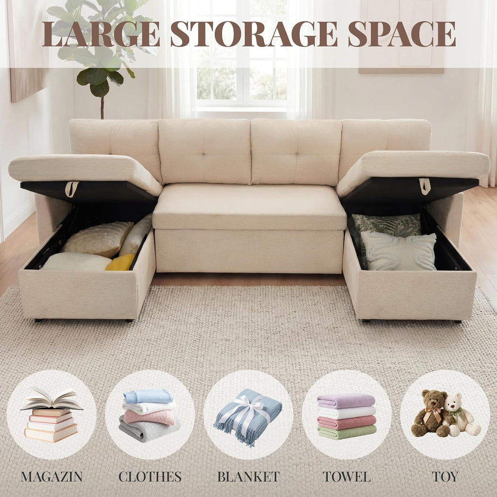 Huatean Home Oversized Sleeper Sofa Couch, 100 inch 2 in 1 Pullout Couch Bed with Side Pockets for Living Room, Sectional Sleeper Sofa Bed with Double Storage Chaise, Beige